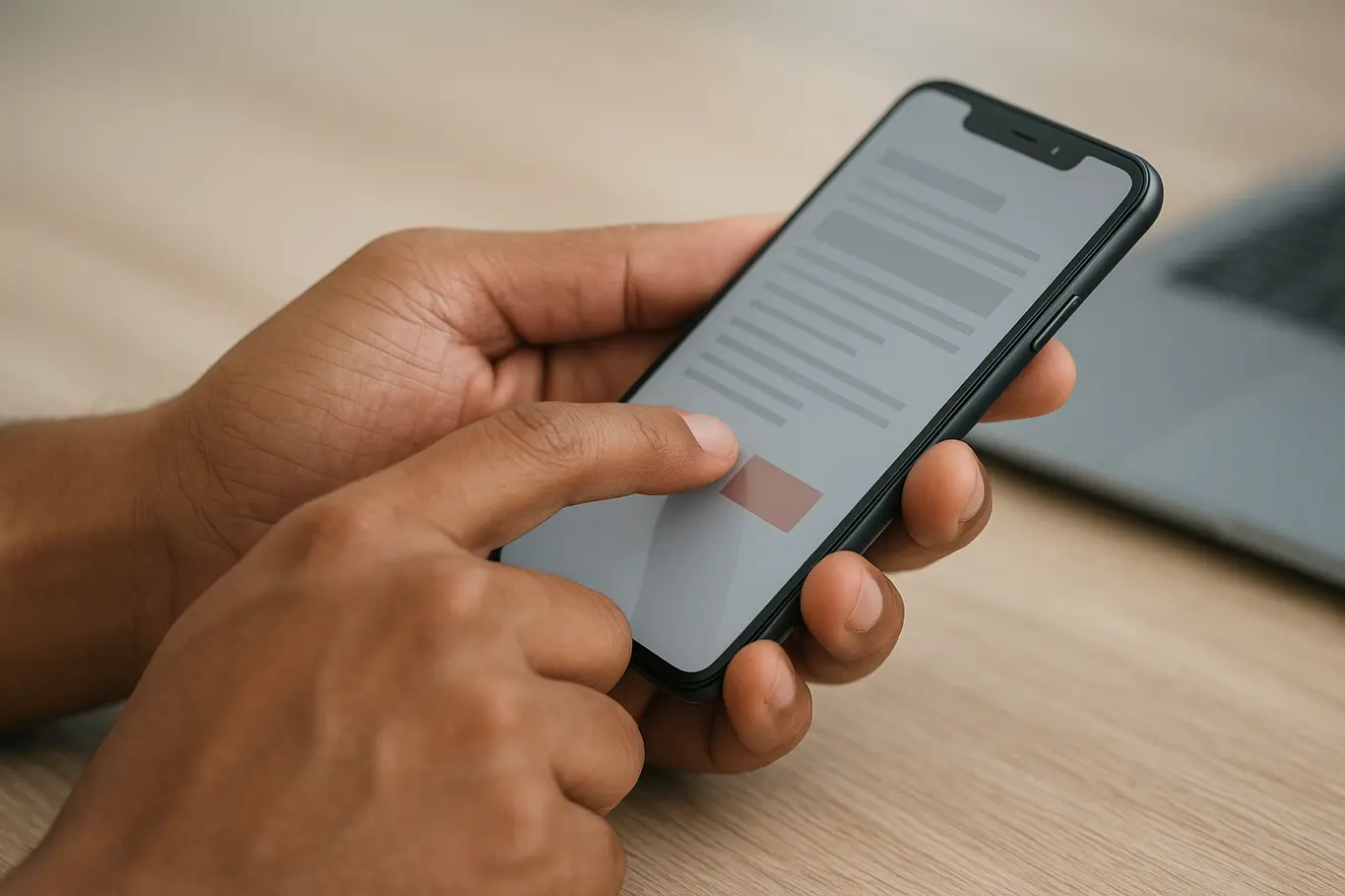 Close-up das mãos tocando smartphone com documento desfocado na tela