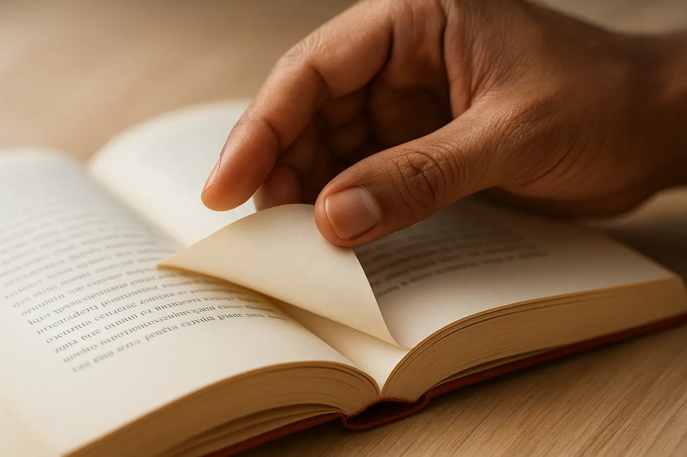 Close-up de mãos folheando um livro, foco nas páginas e marcador vermelho desfocado