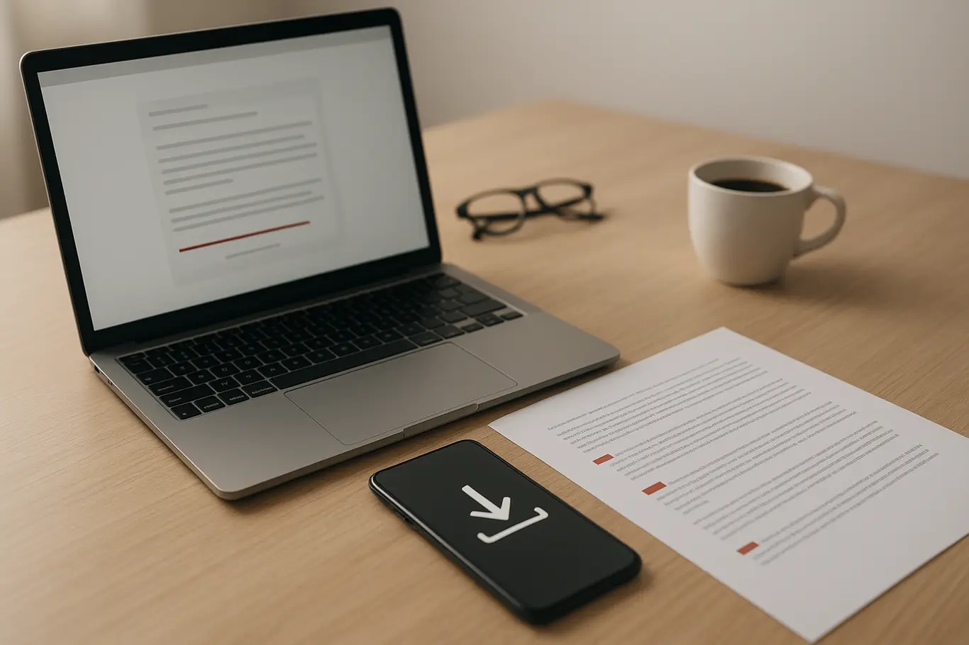 Mesa ampla com notebook, smartphone e PDF impresso aberto, marcador vermelho e café ao fundo desfocado.