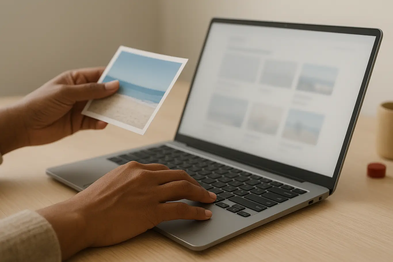 Close-up de mãos inserindo imagem em visualização de PDF no ecrã, detalhes das mãos e dispositivo