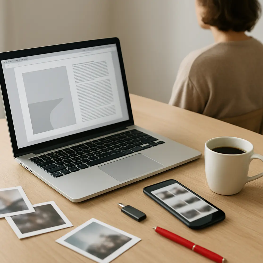 Workspace com notebook e smartphone mostrando pré-visualizações de imagens para inserir em PDF, fotos impressas na mesa