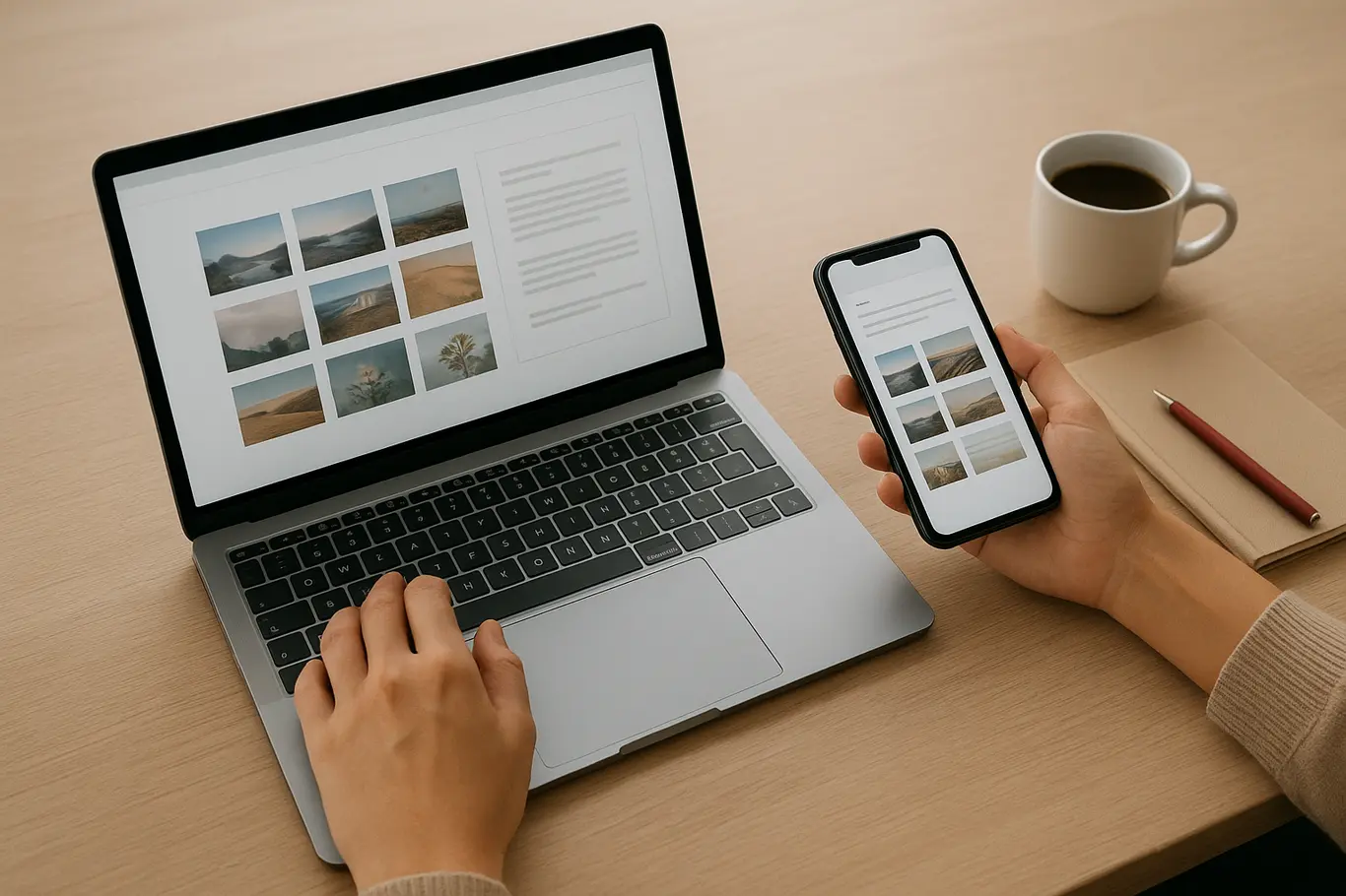 Mesa de trabalho com notebook e smartphone mostrando pré-visualizações genéricas de imagens e documentos