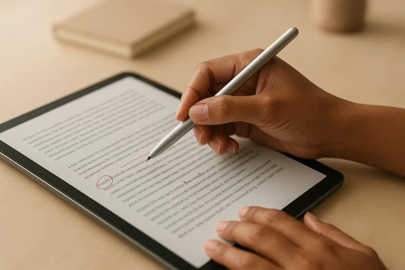 Close-up de mãos usando stylus em tablet para escrever em PDF