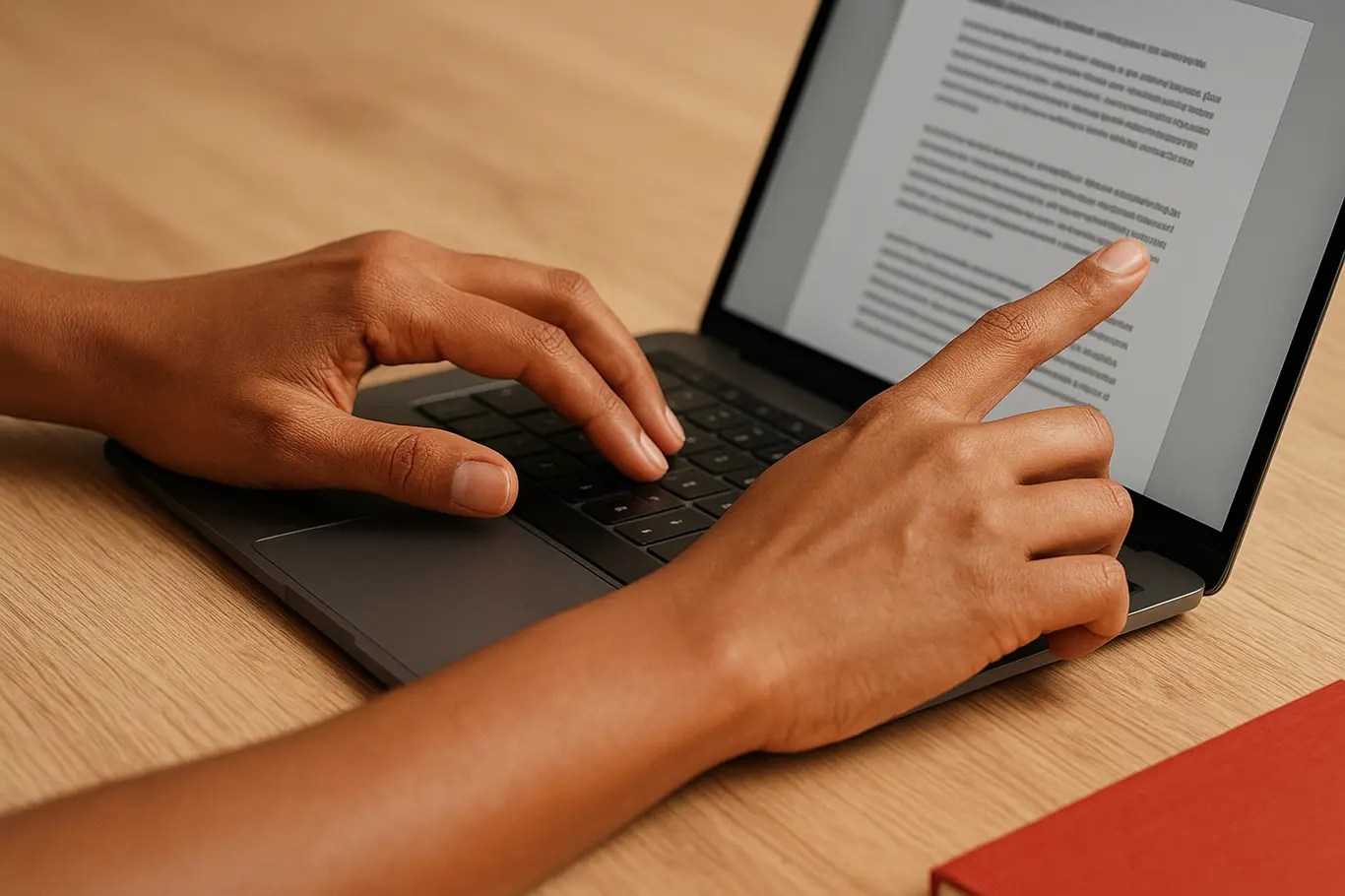 Close-up de mãos brasileiras digitando em notebook com documento estilo PDF na tela