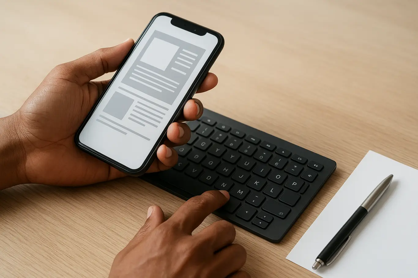 Close-up de mãos brasileiras tocando smartphone e teclado com página de catálogo PDF genérica visível