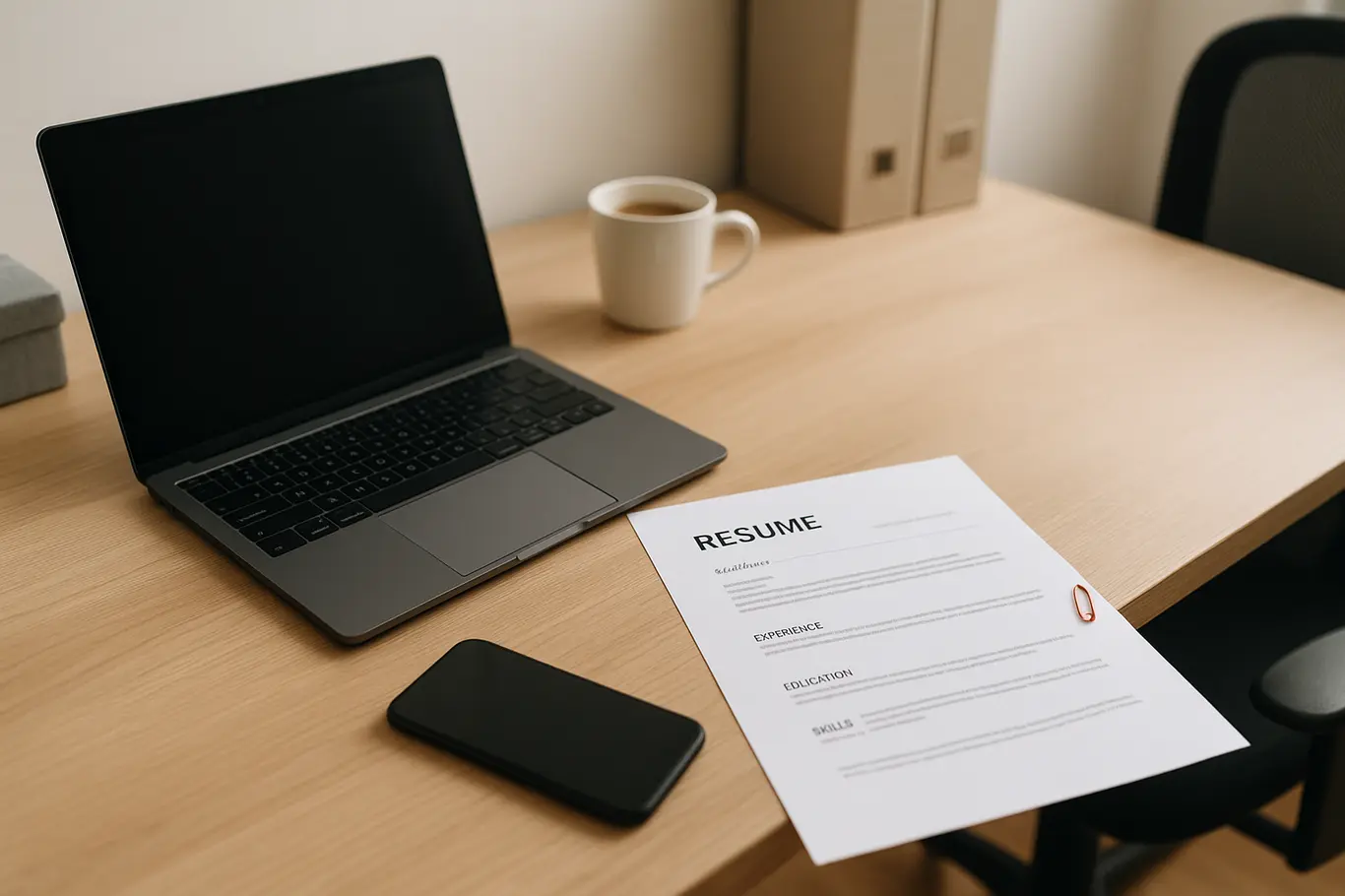 Mesa profissional com notebook, smartphone e folha de currículo desfocada