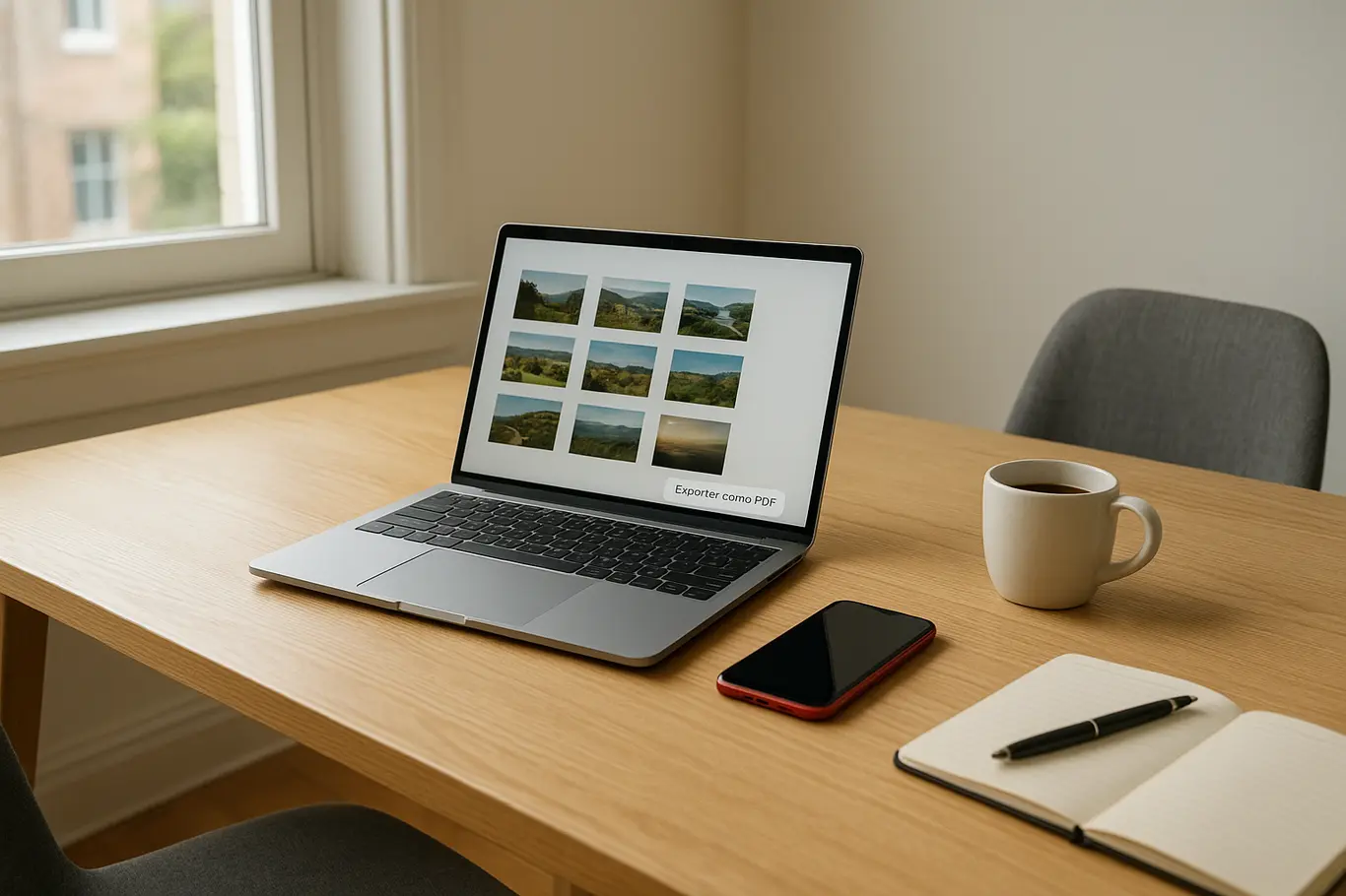 Workspace amplo com notebook mostrando miniaturas de fotos e opção exportar como PDF, mesa clara e acento vermelho