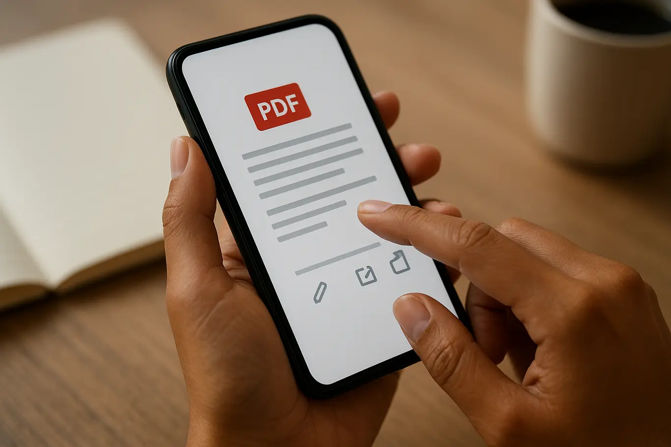 Close-up de mãos brasileiras tocando tela do celular com documento PDF genérico