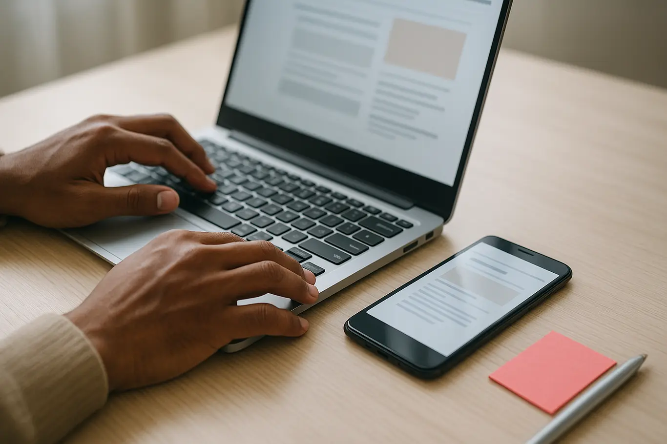 Close-up de mãos brasileiras digitando em notebook e smartphone com preview de PDF desfocado