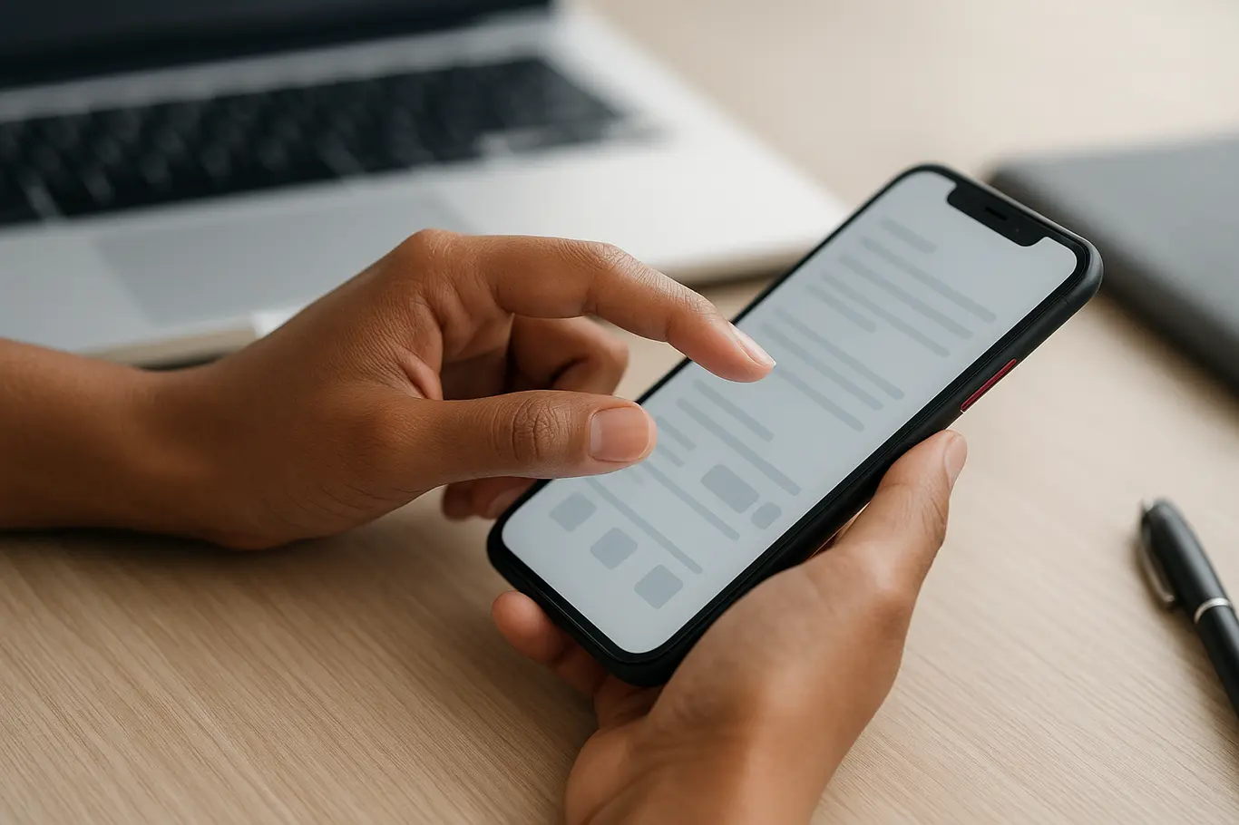 Close-up das mãos tocando smartphone com documento digital desfocado, detalhes neutros e acento vermelho