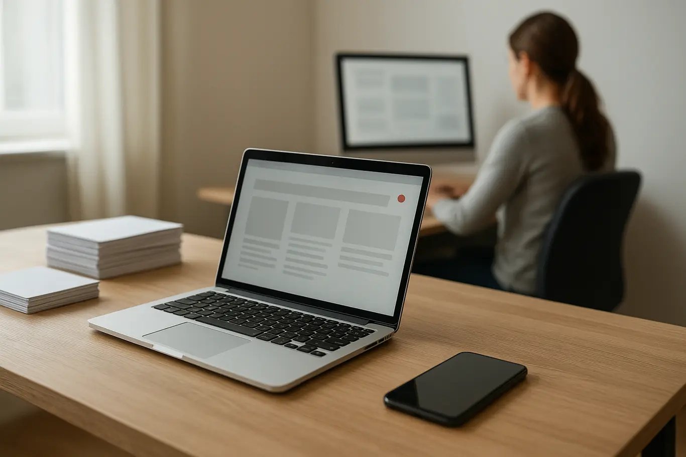 Workspace amplo com notebook e smartphone mostrando documentos desfocados, pessoa desfocada ao fundo