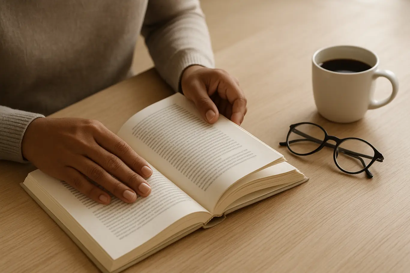 Mesa de leitura com livro aberto e mãos virando página, ambiente aconchegante