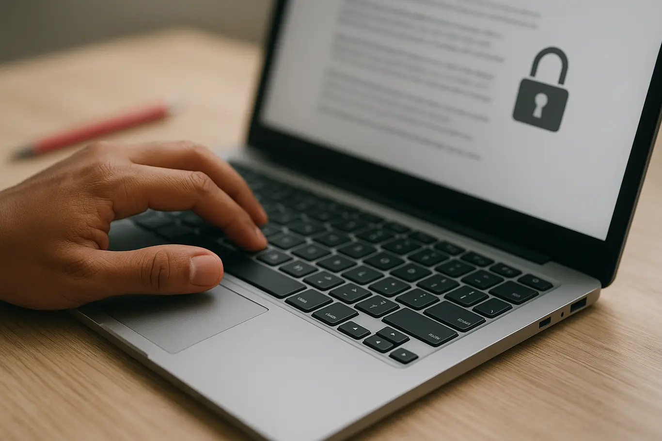 Close-up das mãos de uma pessoa brasileira digitando em notebook com PDF genérico na tela, foco nos dedos e teclado