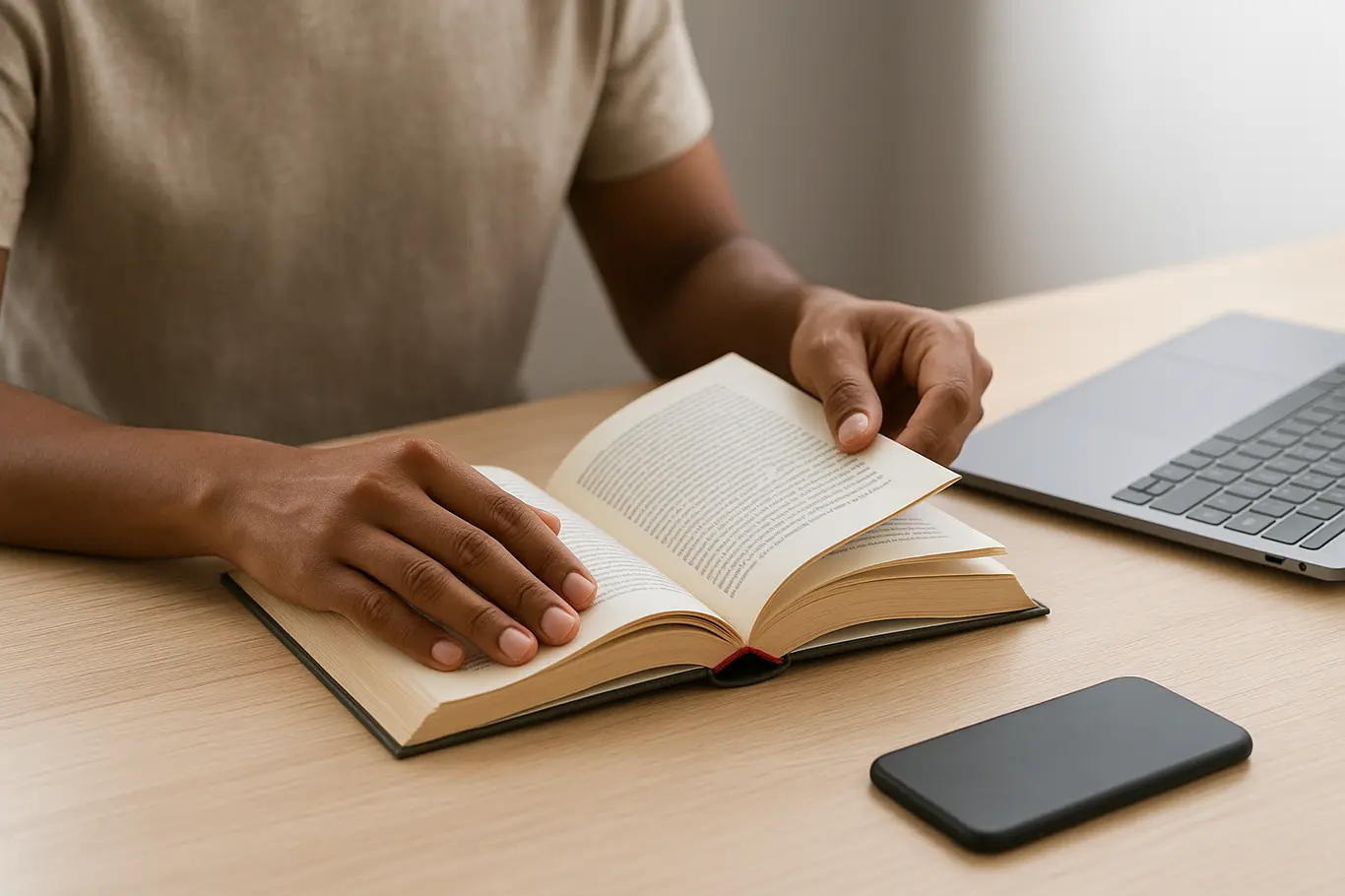 Mãos de pessoa brasileira abrindo livro sobre mesa com notebook e smartphone ao lado, marcador vermelho visível.