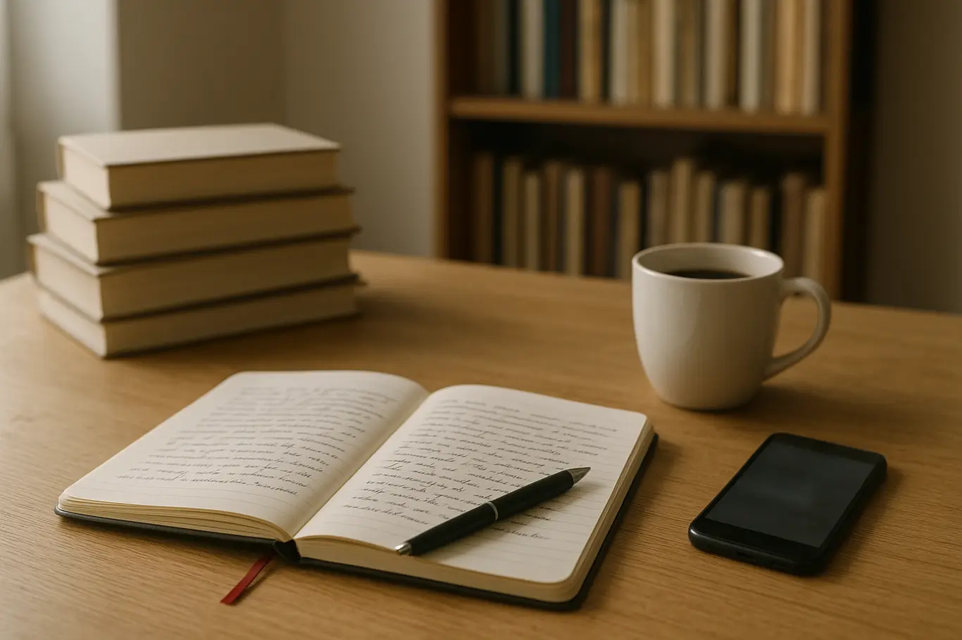Mesa com pilha de livros, bloco de notas e caneca de café em ambiente de leitura