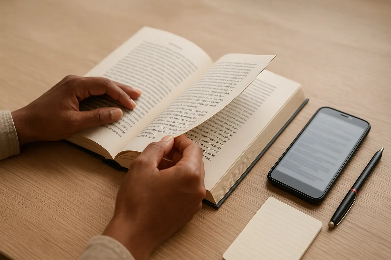 Mãos virando página de livro ao lado de smartphone com tela desfocada sobre mesa clara