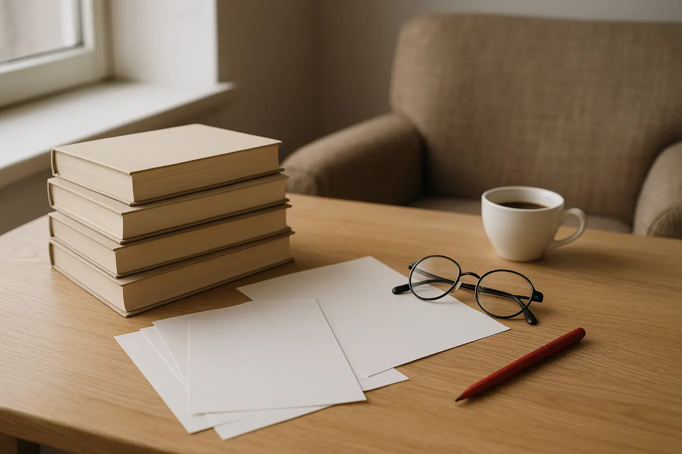 Mesa de leitura com pilha de livros, folhas soltas, xícara de café e óculos, iluminação natural