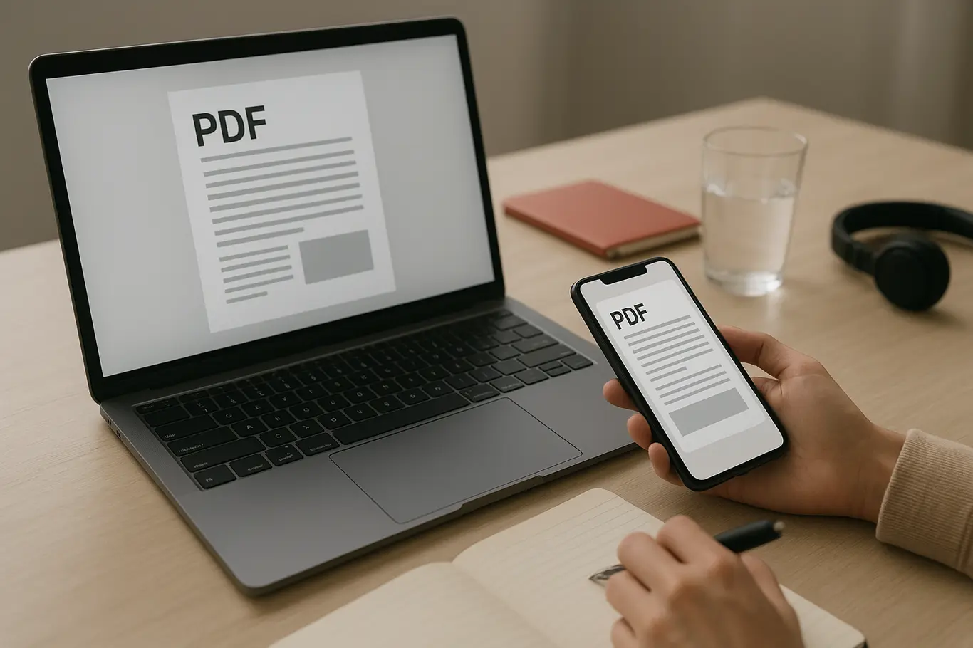 Workspace com notebook e smartphone mostrando PDFs genéricos, mãos manipulando dispositivo, mesa clara