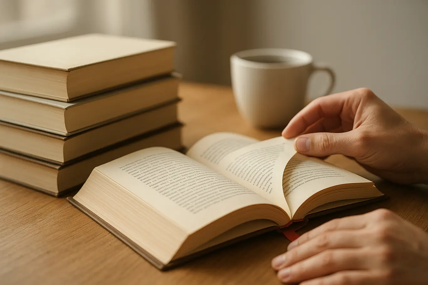 Mesa com pilha de livros, exemplar aberto e marcador vermelho, mãos alcançando o livro
