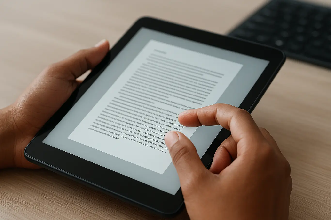 Close das mãos de uma pessoa usando tablet com PDF genérico
