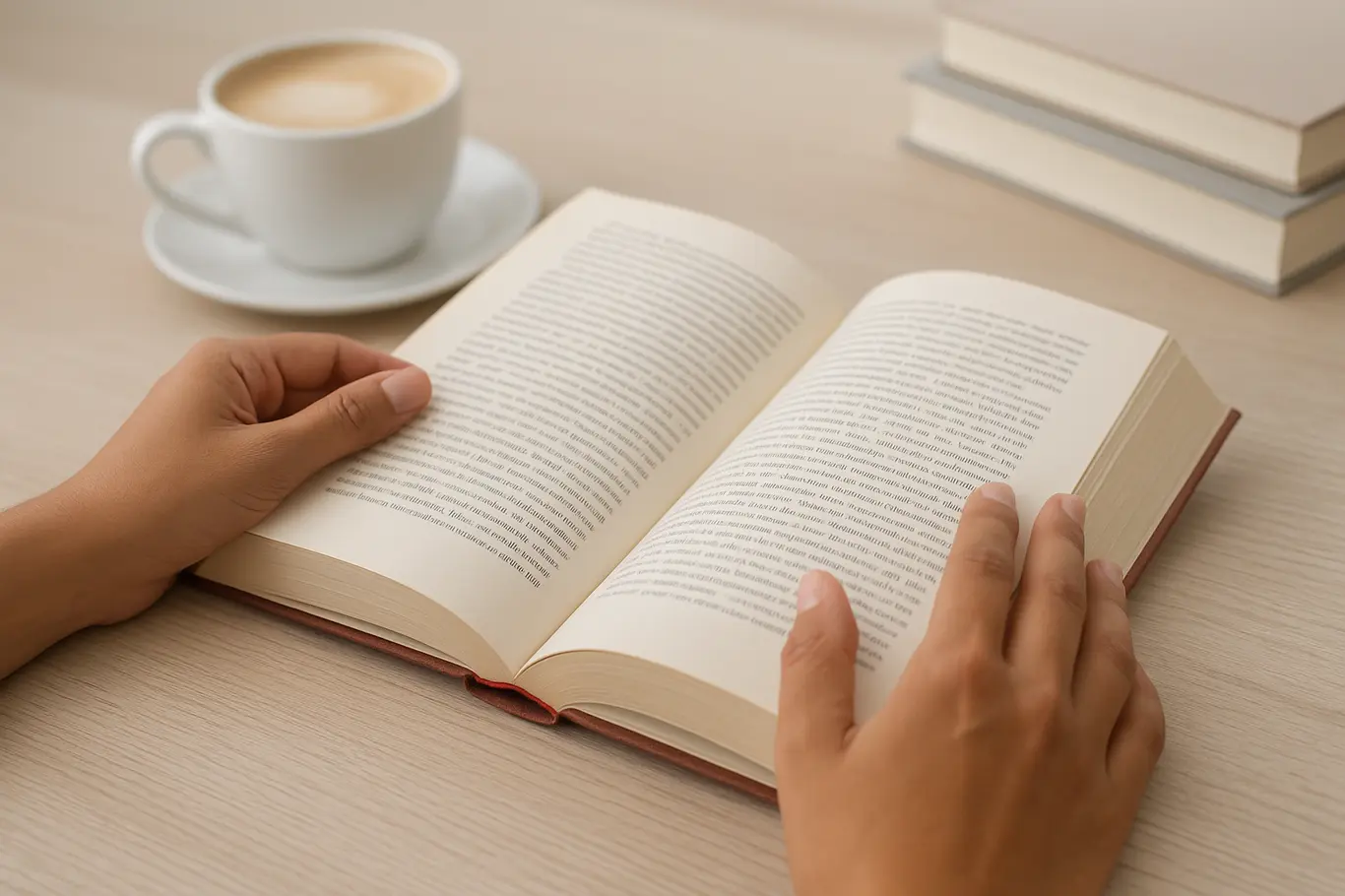 Mãos brasileiras abrindo um livro sobre mesa com café e pilha de livros ao fundo