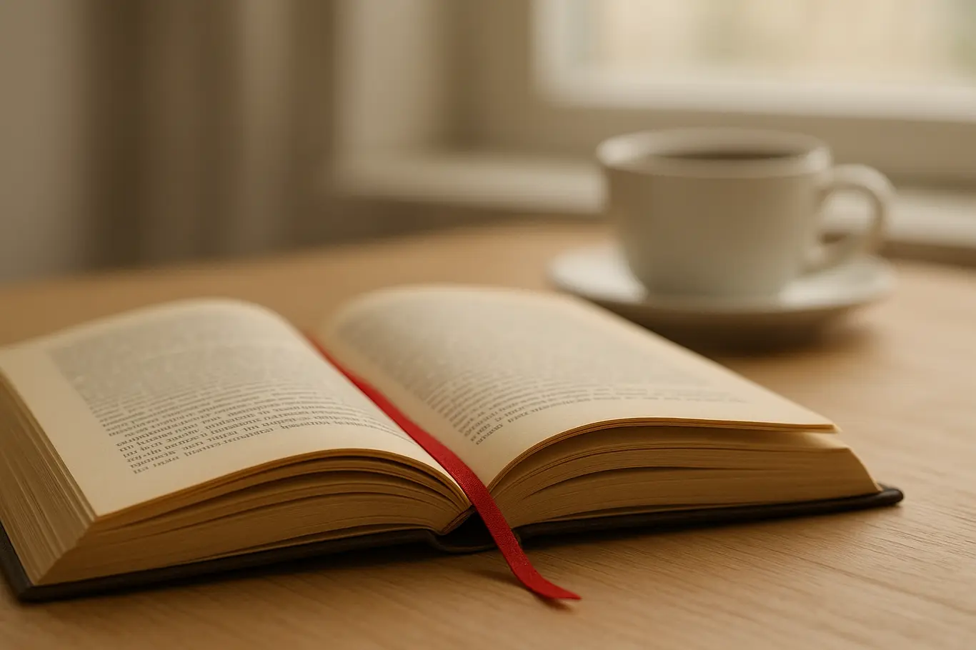 Livro aberto com marcador vermelho e xícara de café ao fundo