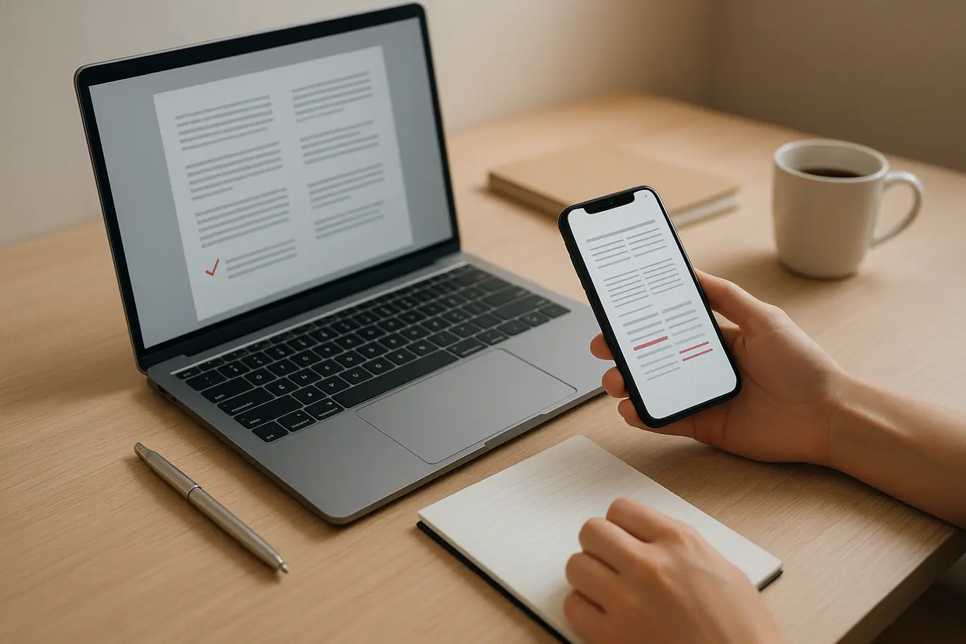 Mesa de trabalho com notebook e smartphone mostrando PDFs genéricos e comparativo, ambiente minimalista