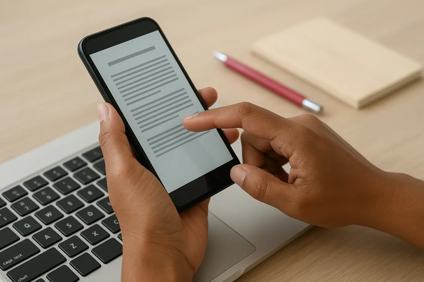 Close-up das mãos usando smartphone e teclado com preview genérico de documento PDF, caneta vermelha ao lado