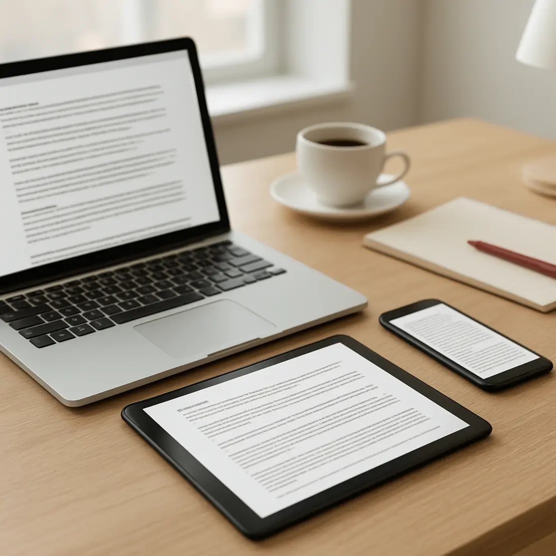 Workspace aberto com notebook, tablet e smartphone exibindo documentos genéricos, xícara de café e bloco de notas vermelho