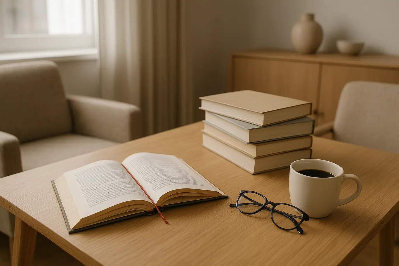 Canto de leitura com pilha de livros, exemplar aberto, marcador vermelho e xícara de café sobre mesa clara