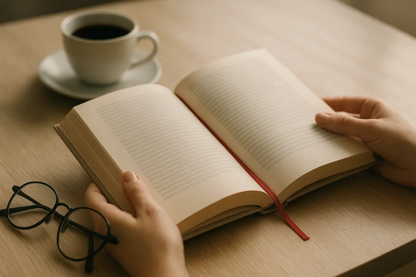 Mesa de leitura com livro aberto, mãos folheando, xícara de café ao fundo e marcador vermelho, luz natural suave