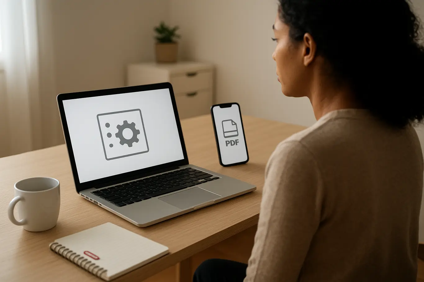 Workspace aberto com notebook e smartphone mostrando configurações genéricas, pessoa observando
