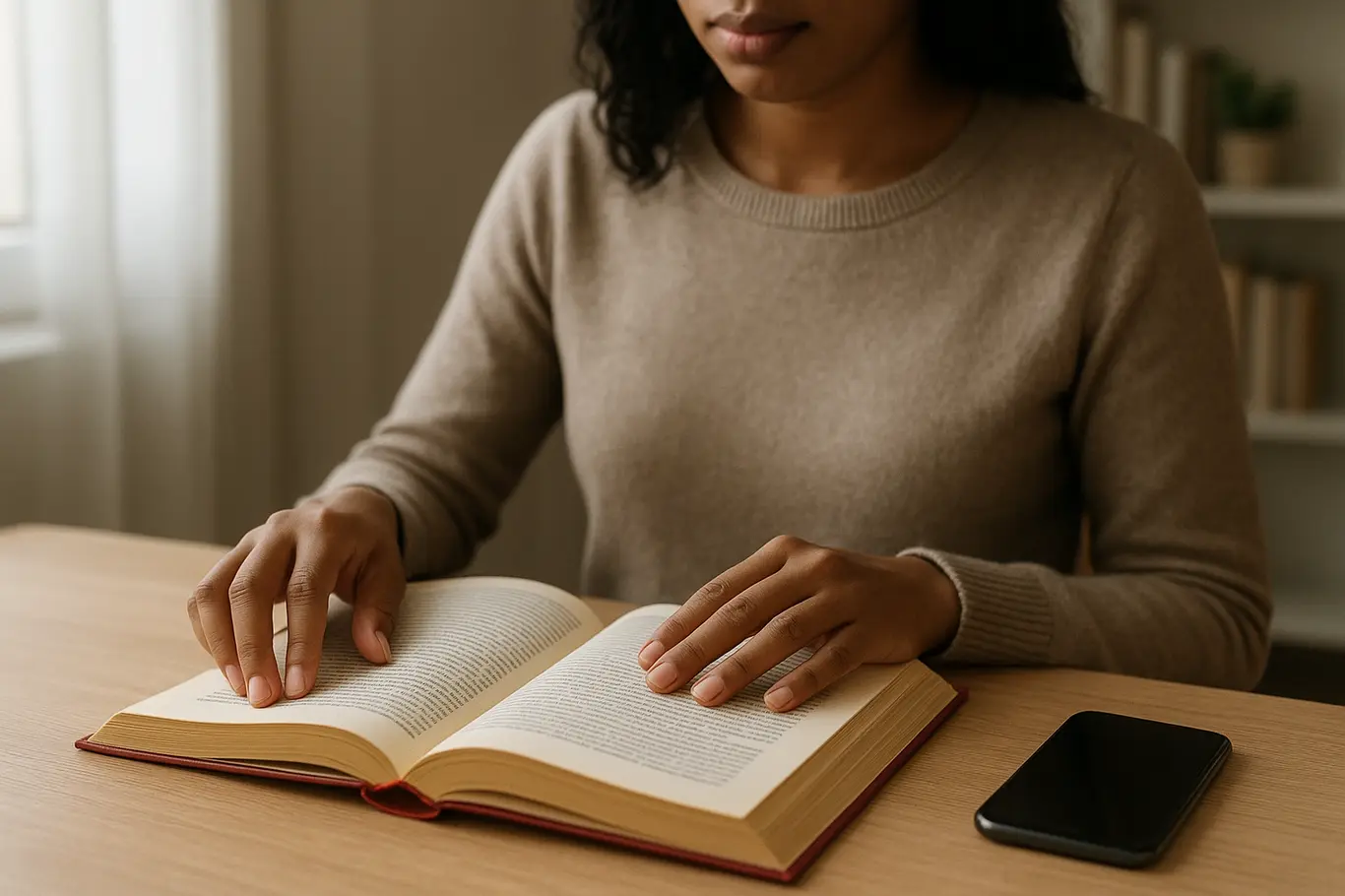 Pessoa vista de três quartos folheando livro em mesa clara, ambiente de leitura