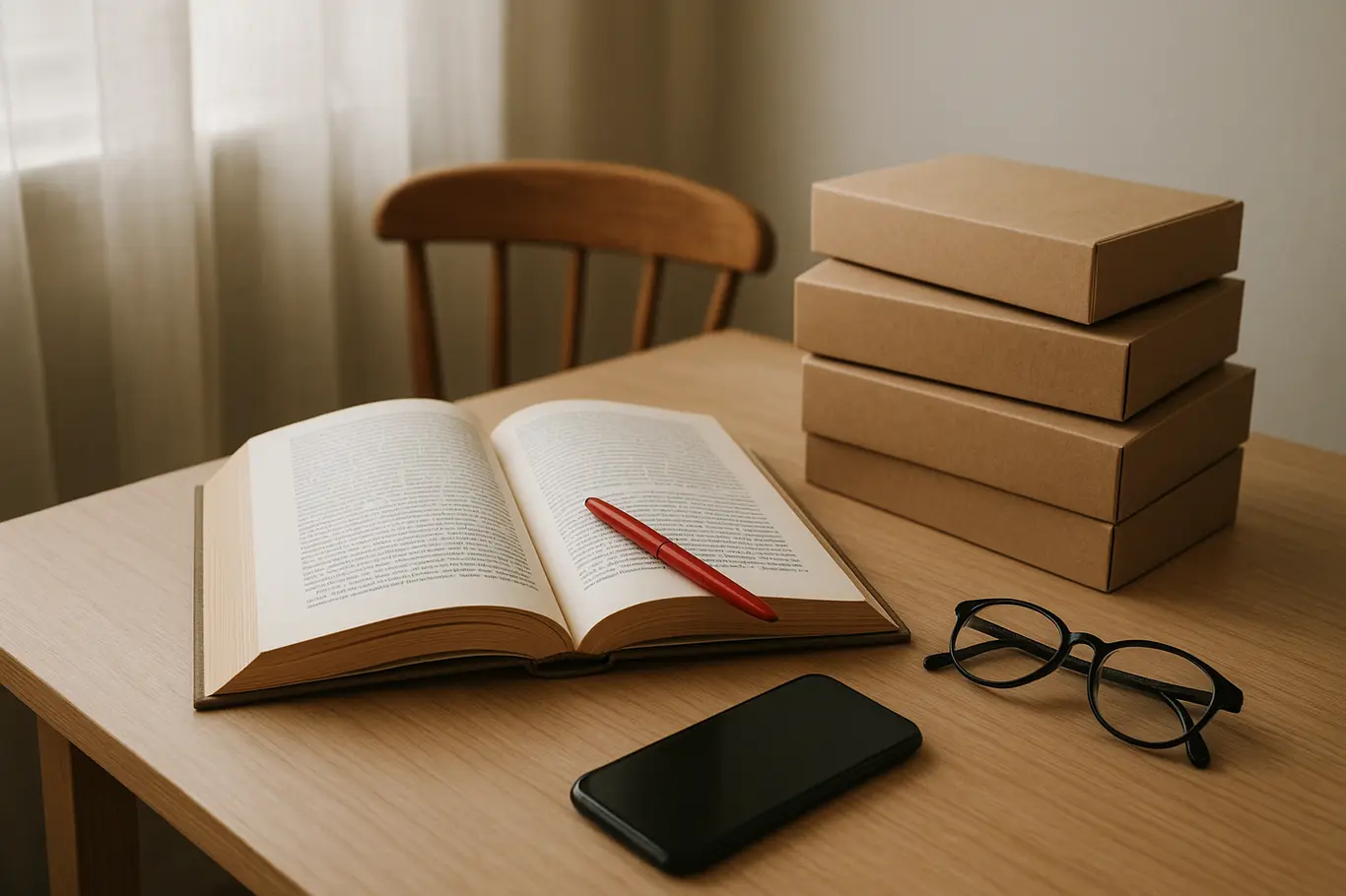 Mesa com livro aberto, pilha de caixas de papel kraft e marcador vermelho em ambiente de leitura