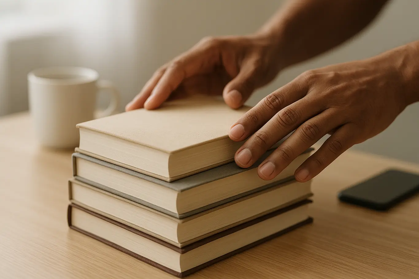 Pilhas de livros em mesa clara com mãos tocando um exemplar, luz natural lateral e marcador vermelho discreto