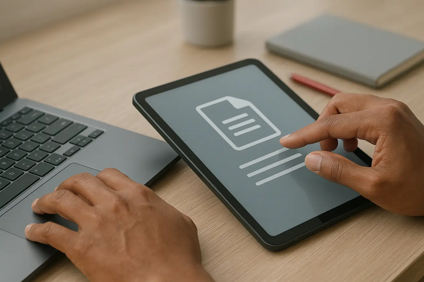 Close-up de mãos brasileiras digitando e tocando tela com documento genérico semelhante a PDF