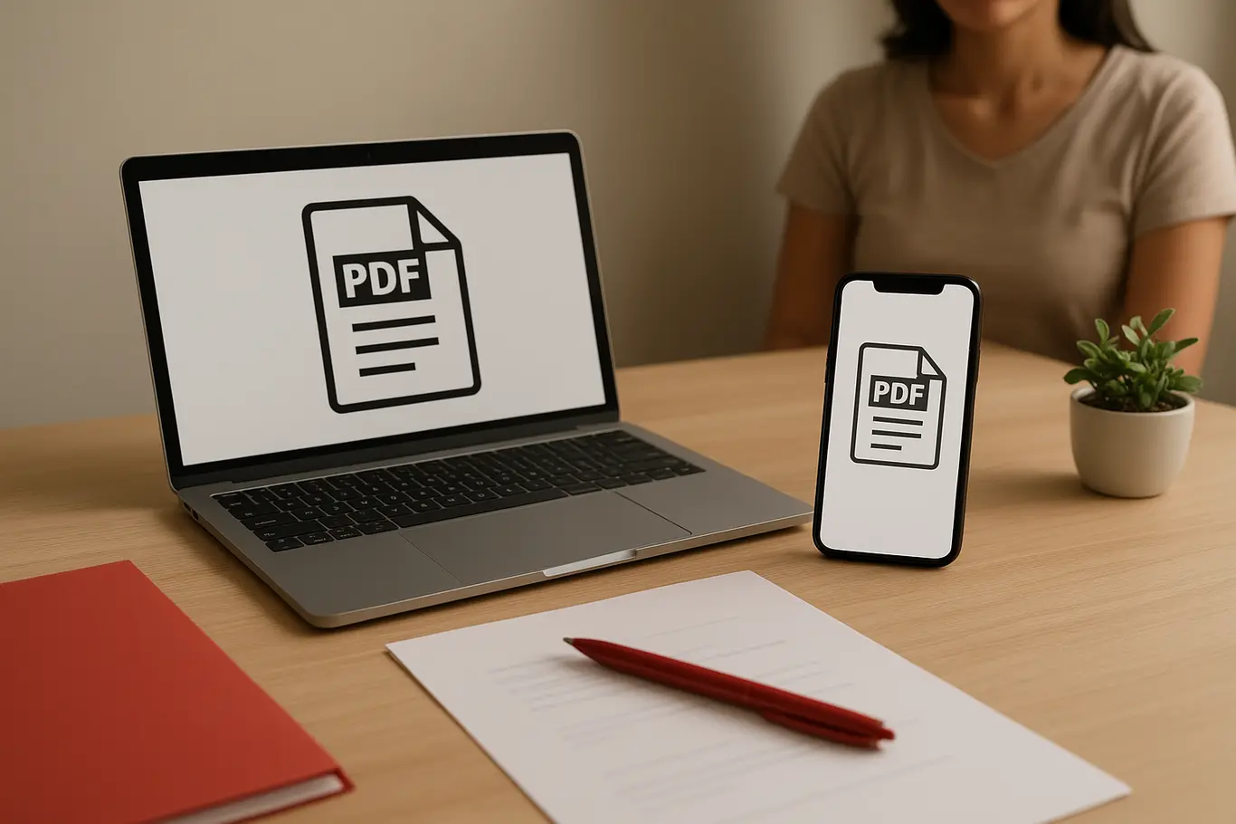 Workspace amplo com notebook e smartphone exibindo miniaturas de PDFs, pessoa desfocada ao fundo