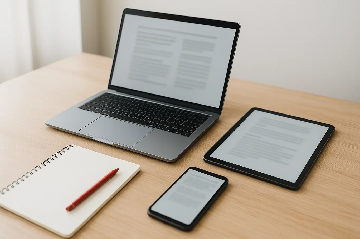 Workspace com notebook, tablet e smartphone exibindo documentos genéricos sobre mesa de madeira clara