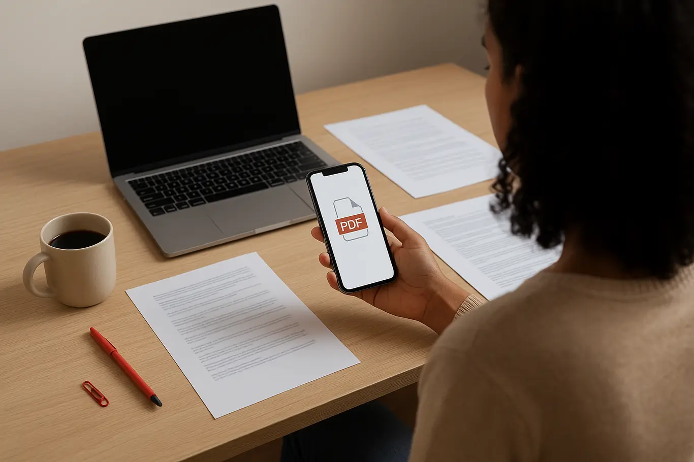 Workspace com smartphone e notebook, pessoa consultando dispositivo, papéis borrados ao redor