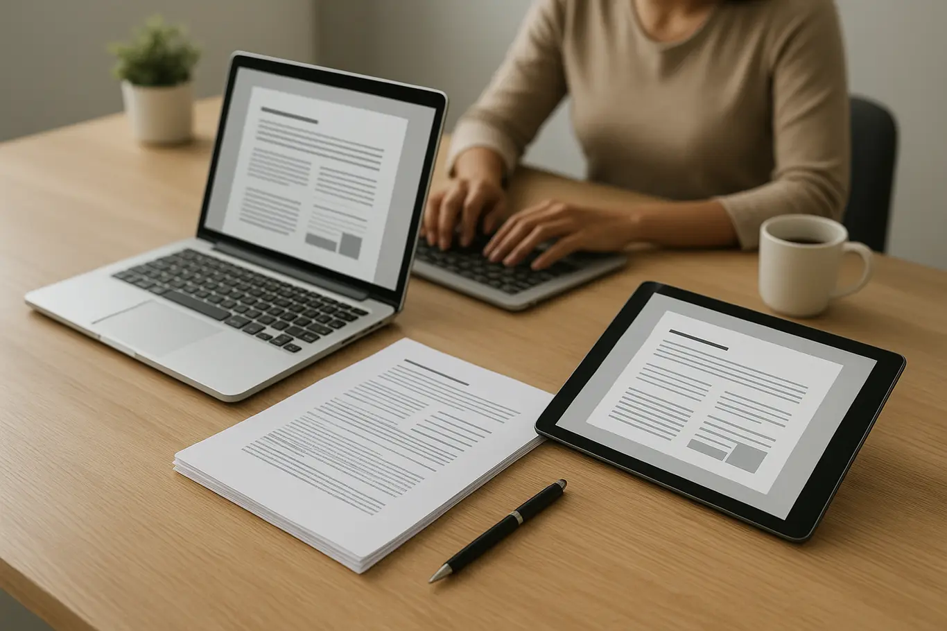Workspace com notebook, tablet e pilha de PDFs sobre mesa de madeira clara