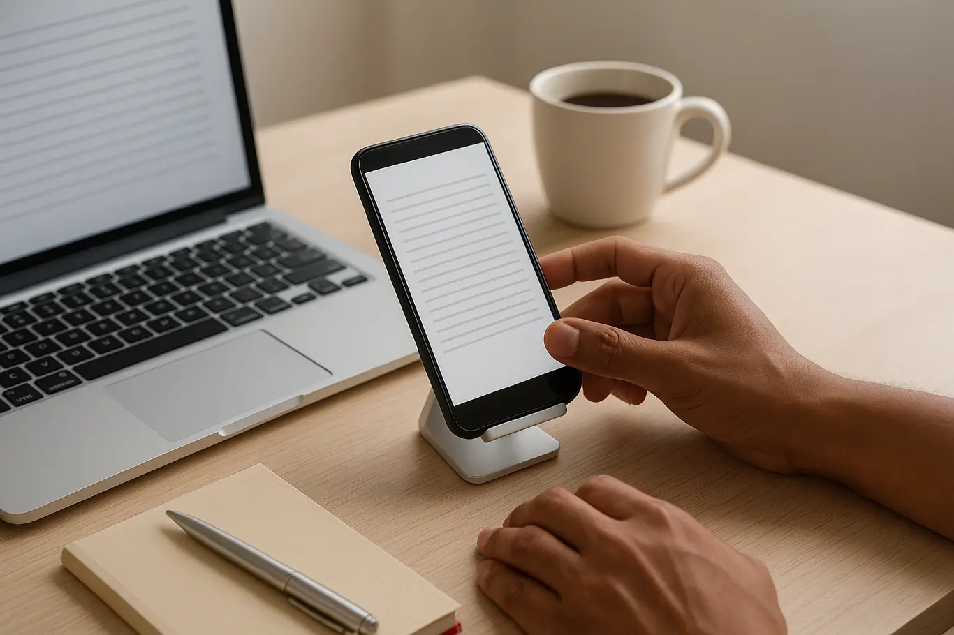 Mesa de trabalho com smartphone e notebook mostrando documento genérico, mãos ajustando o aparelho