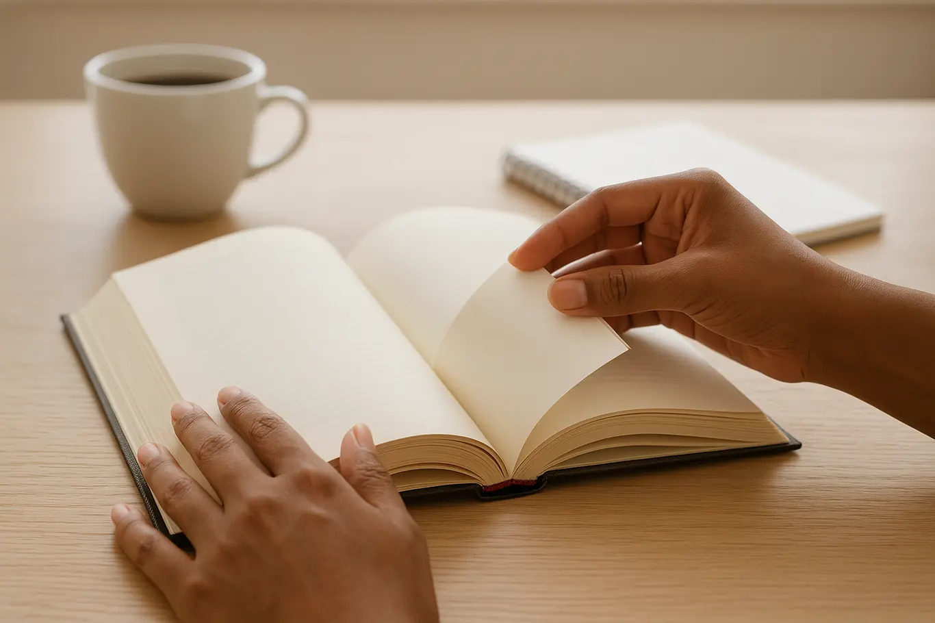 Livro aberto com mãos virando página, xícara de café ao fundo desfocado
