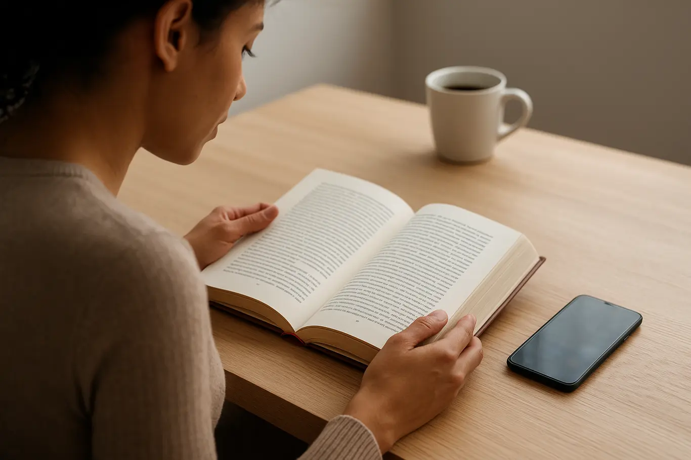 Pessoa de ombro folheando livro aberto sobre mesa com smartphone desfocado
