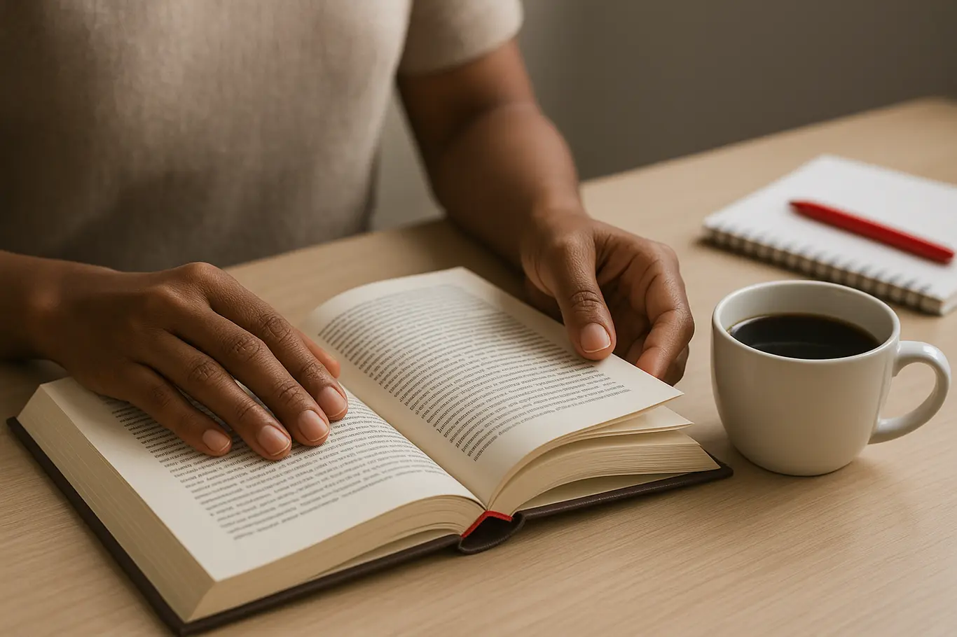 Mãos folheando um livro com marcador vermelho sobre mesa com bloco de notas e café