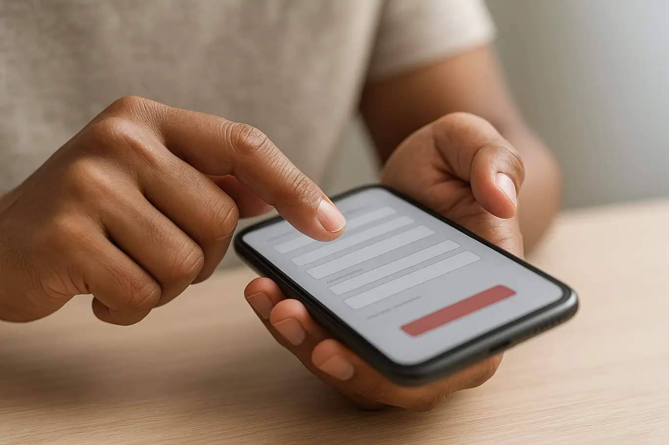 Close-up das mãos preenchendo um PDF em smartphone, tela genérica desfocada.