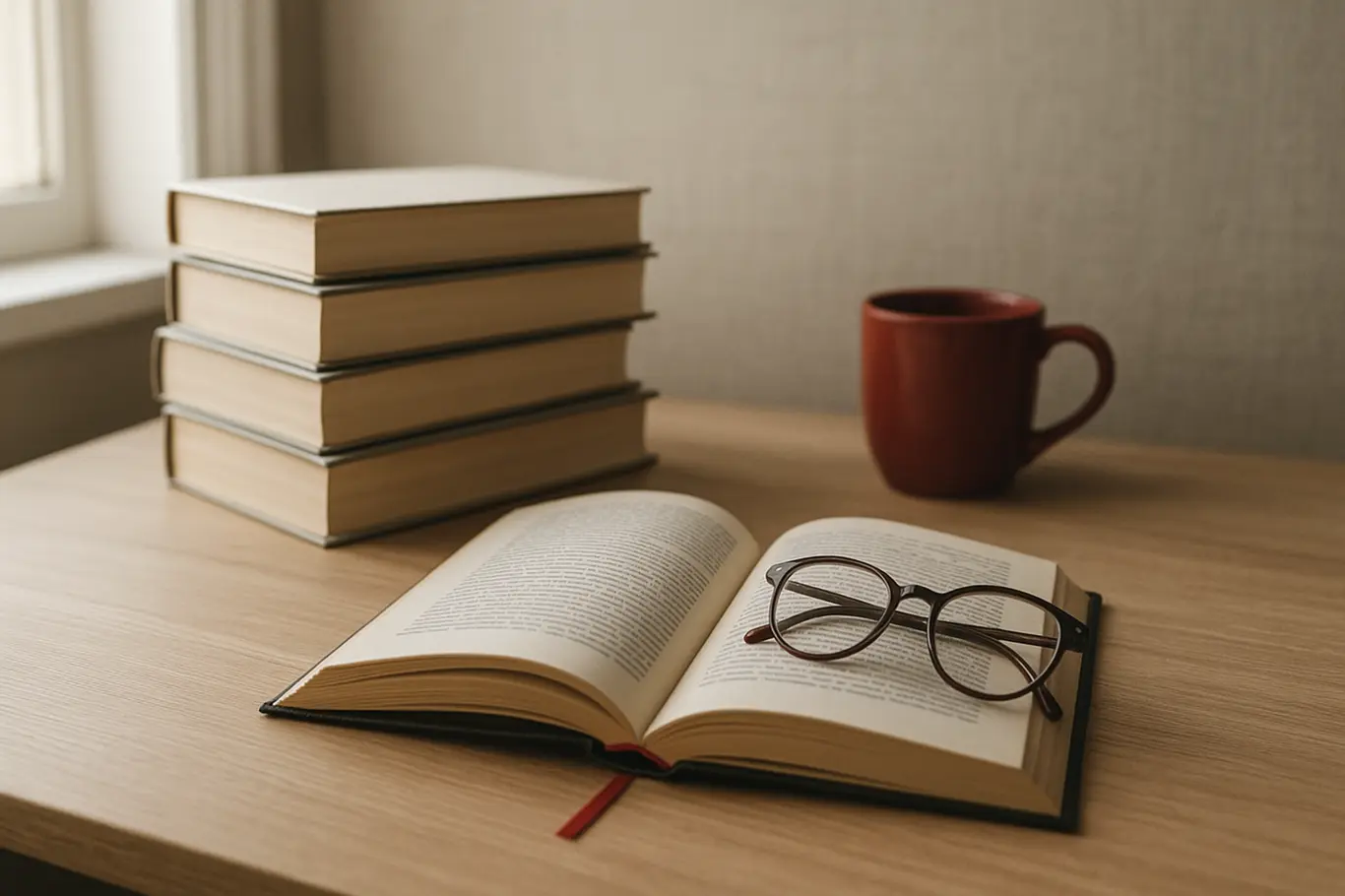 Pilhas de livros, livro aberto, óculos e xícara de café sobre mesa clara, iluminação natural