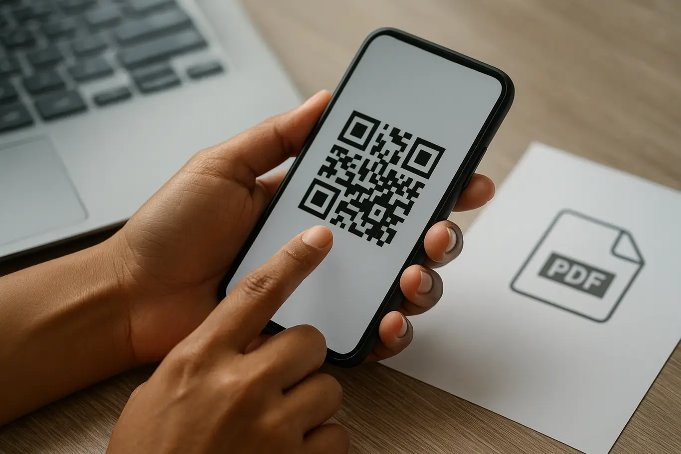 Close-up de mãos tocando smartphone enquanto QR code é gerado