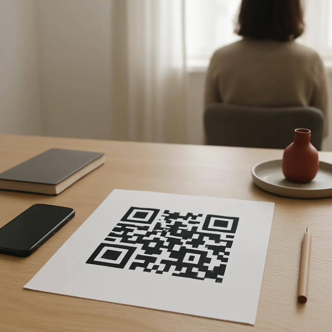 Mesa organizada com PDF impresso mostrando QR code, smartphone e notebook