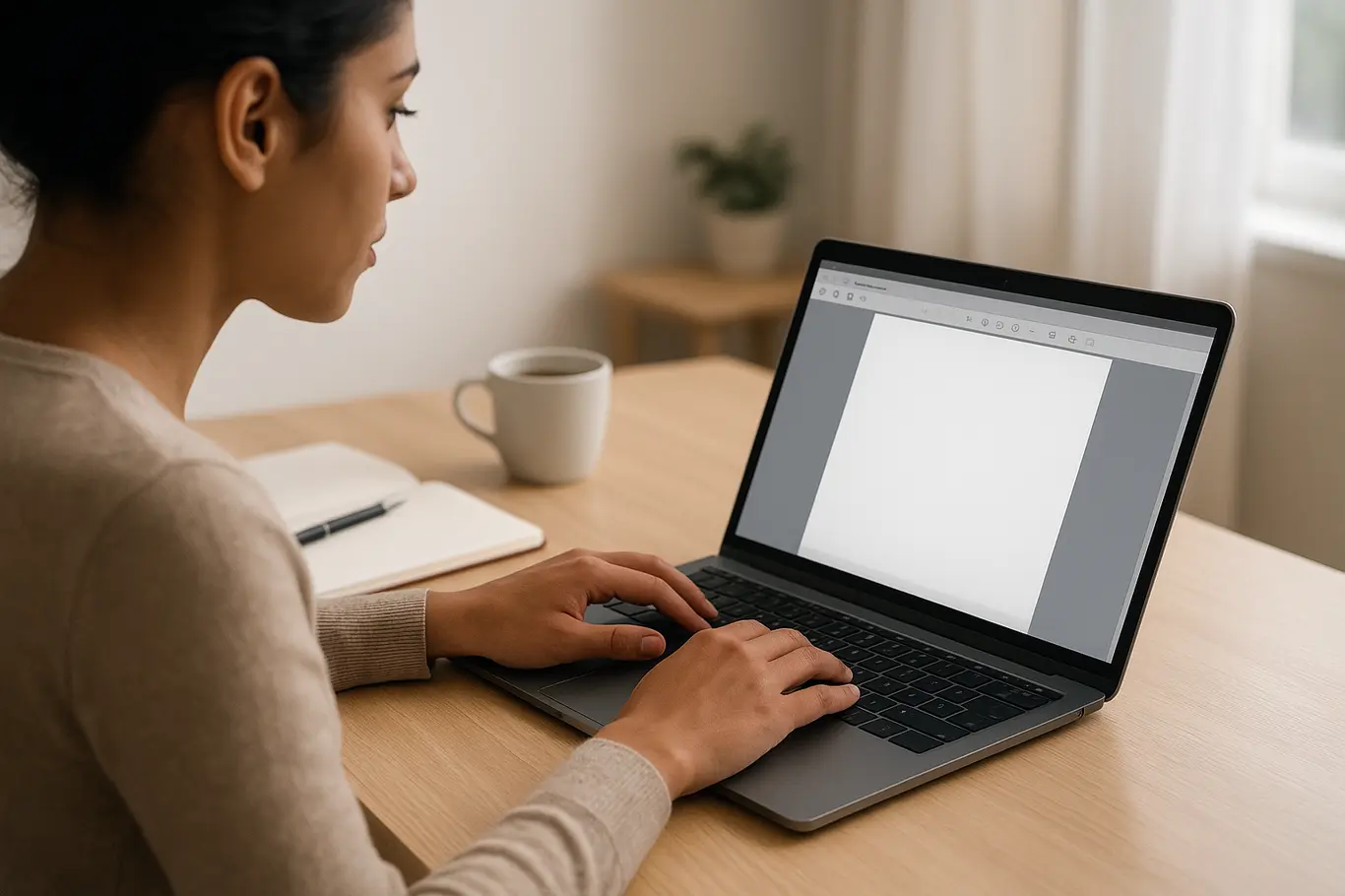 Pessoa digitando em notebook com visualizador de PDF genérico na tela