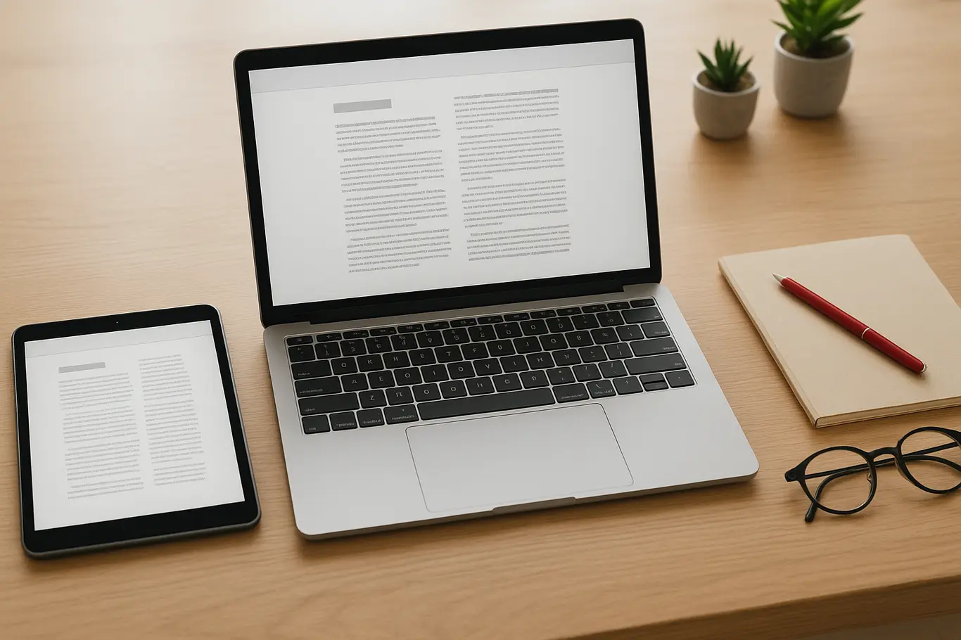 Workspace com notebook, tablet e smartphone exibindo documentos PDF sobre mesa de madeira